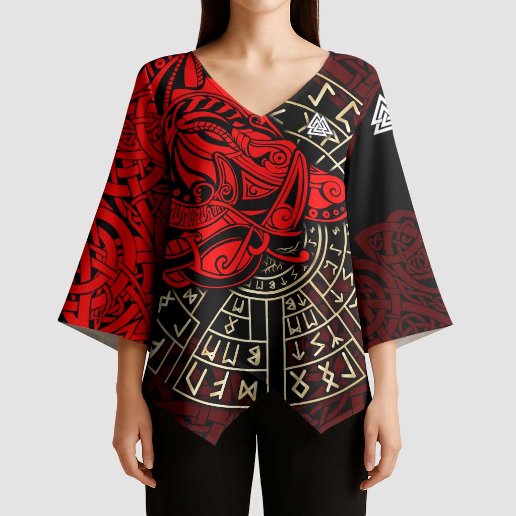 Yggdrasil Kimono Sleeve Blouse with Red Norse Dragon and Runes Viking Heritage Tribute - Wonder Print Shop