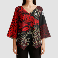 Yggdrasil Kimono Sleeve Blouse with Red Norse Dragon and Runes Viking Heritage Tribute - Wonder Print Shop