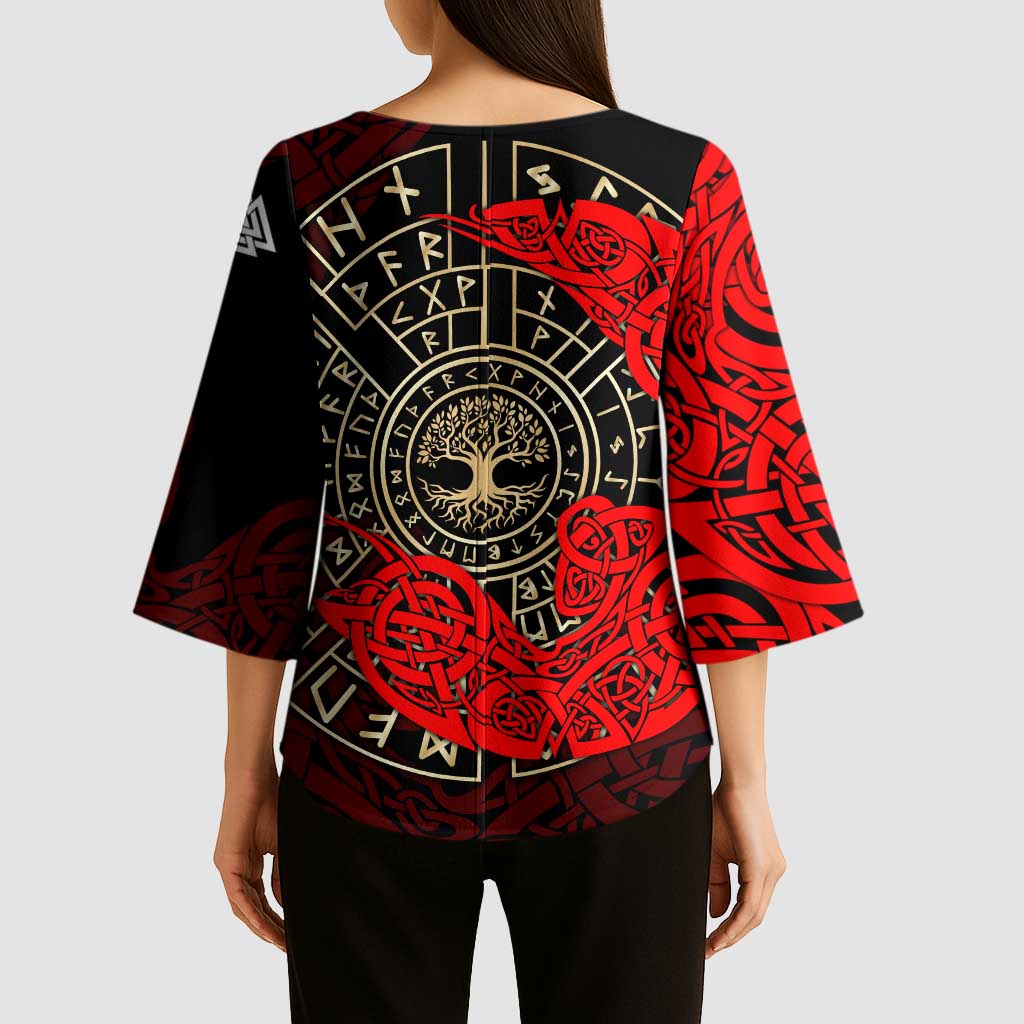 Yggdrasil Kimono Sleeve Blouse with Red Norse Dragon and Runes Viking Heritage Tribute - Wonder Print Shop