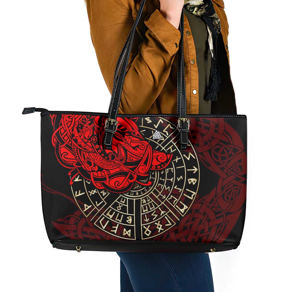 Yggdrasil Leather Tote Bag with Red Norse Dragon and Runes Viking Heritage Tribute - Wonder Print Shop