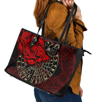 Yggdrasil Leather Tote Bag with Red Norse Dragon and Runes Viking Heritage Tribute - Wonder Print Shop