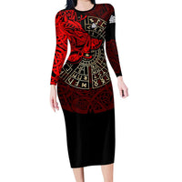 Yggdrasil Long Sleeve Bodycon Dress with Red Norse Dragon and Runes Viking Heritage Tribute - Wonder Print Shop