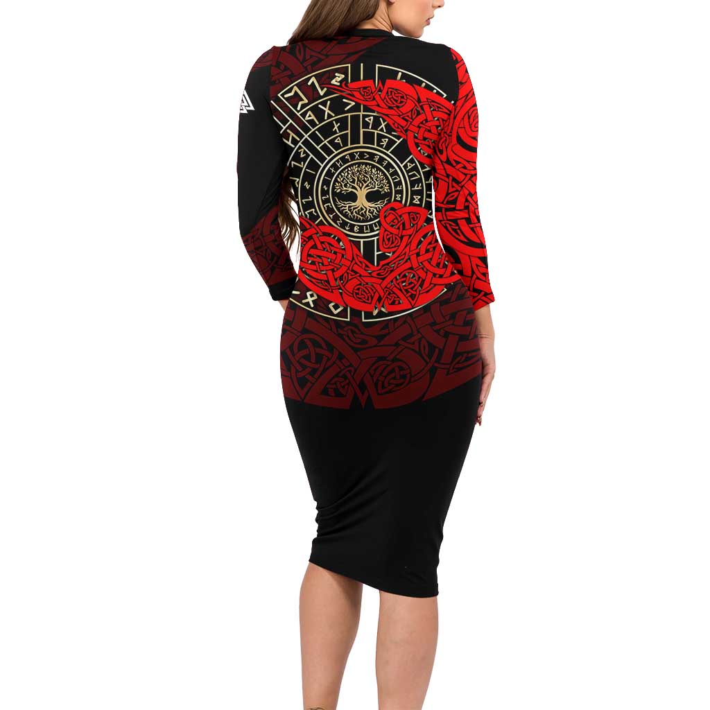 Yggdrasil Long Sleeve Bodycon Dress with Red Norse Dragon and Runes Viking Heritage Tribute - Wonder Print Shop