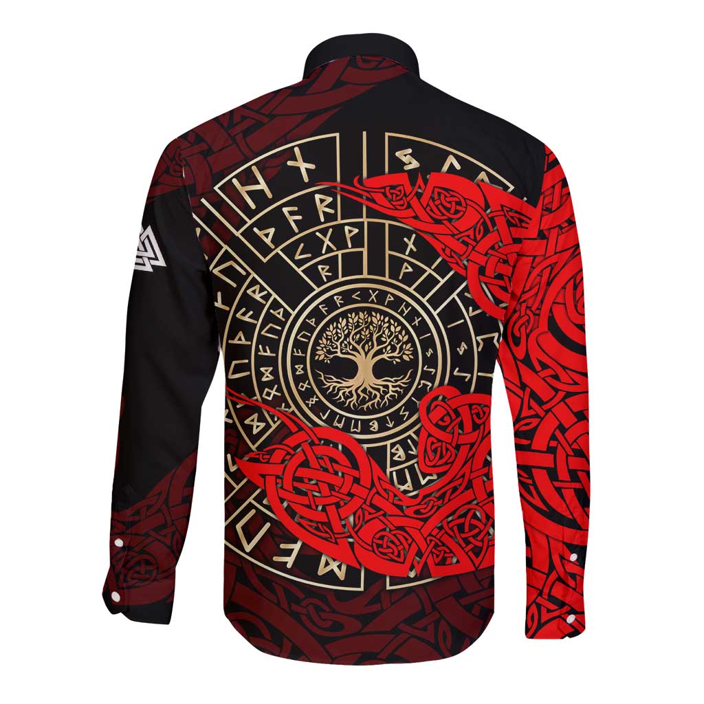 Yggdrasil Long Sleeve Button Shirt with Red Norse Dragon and Runes Viking Heritage Tribute - Wonder Print Shop