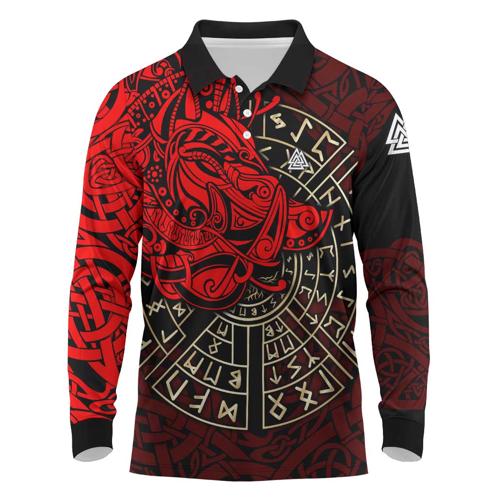 Yggdrasil Long Sleeve Polo Shirt with Red Norse Dragon and Runes Viking Heritage Tribute - Wonder Print Shop