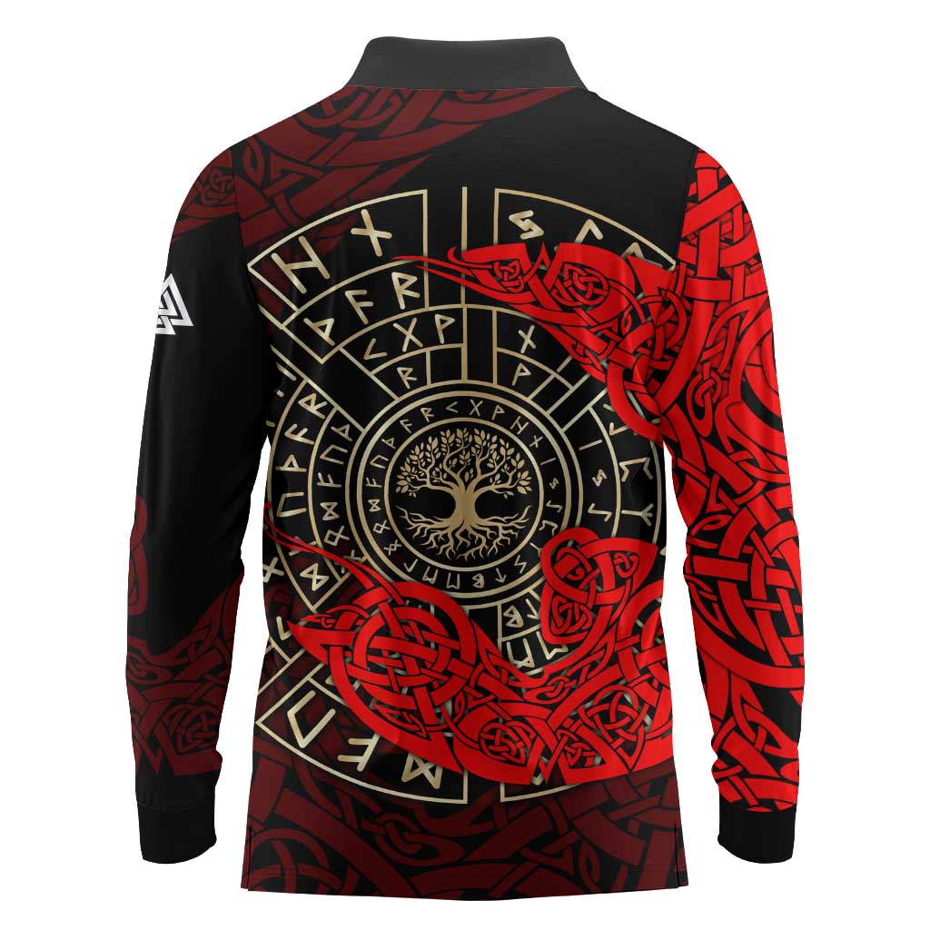 Yggdrasil Long Sleeve Polo Shirt with Red Norse Dragon and Runes Viking Heritage Tribute - Wonder Print Shop