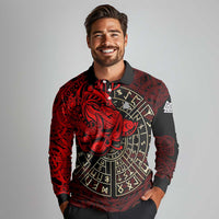 Yggdrasil Long Sleeve Polo Shirt with Red Norse Dragon and Runes Viking Heritage Tribute - Wonder Print Shop