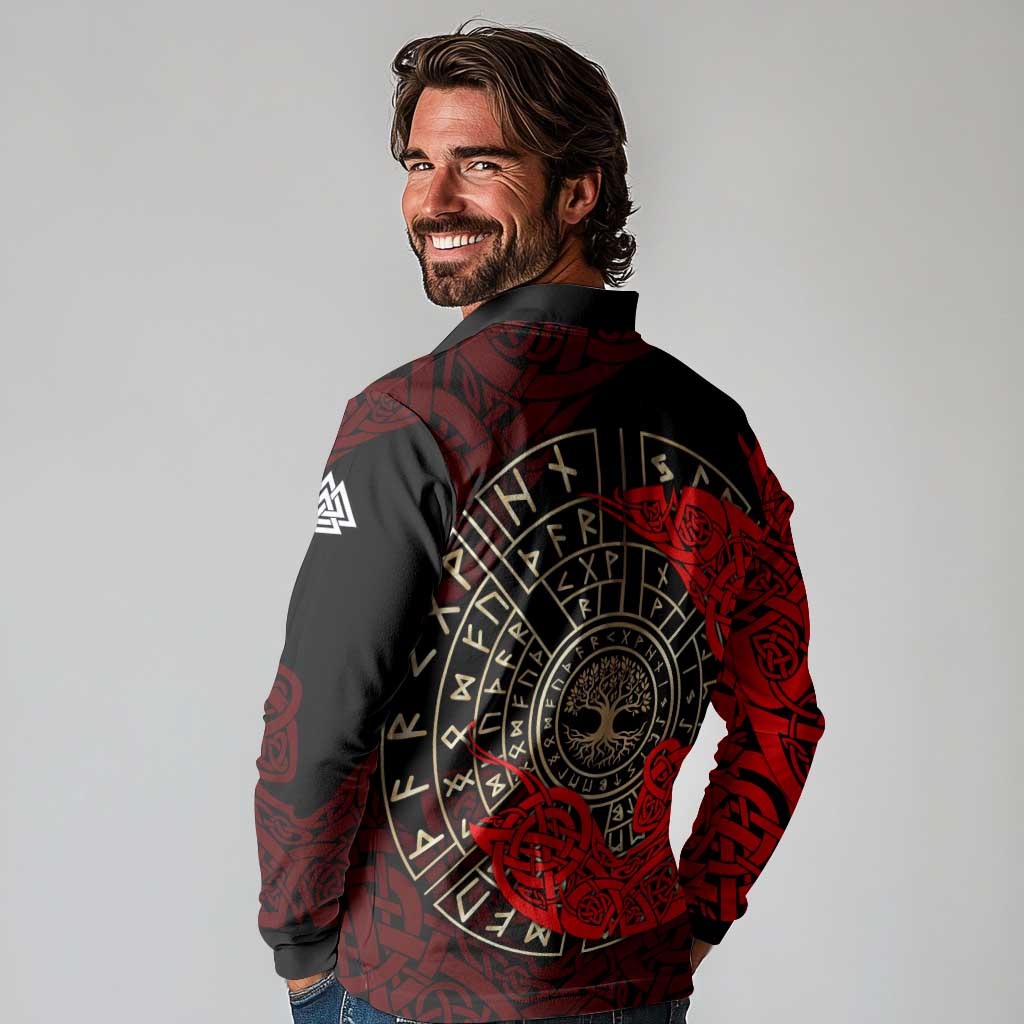 Yggdrasil Long Sleeve Polo Shirt with Red Norse Dragon and Runes Viking Heritage Tribute - Wonder Print Shop