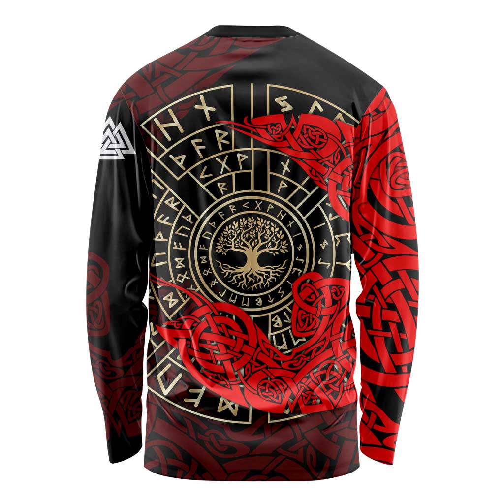 Yggdrasil Long Sleeve Shirt with Red Norse Dragon and Runes Viking Heritage Tribute - Wonder Print Shop