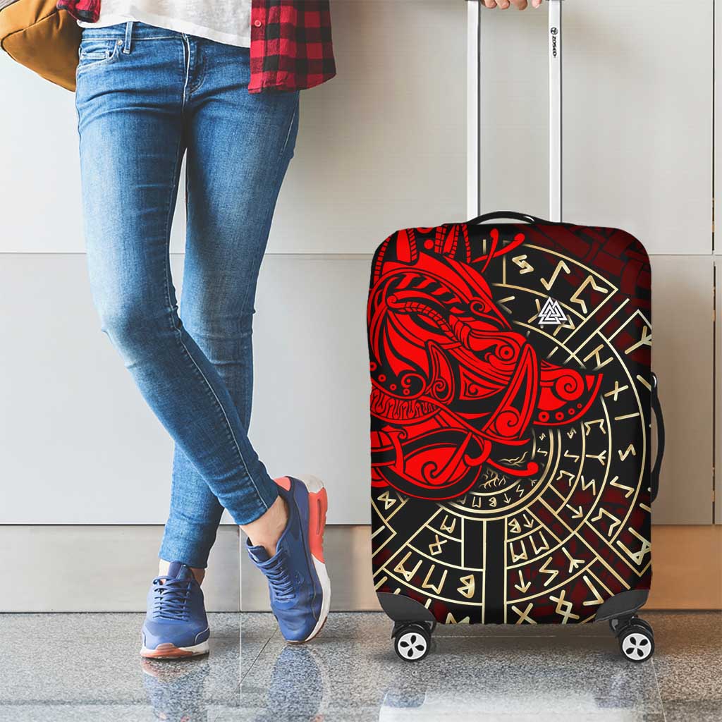 Yggdrasil Luggage Cover with Red Norse Dragon and Runes Viking Heritage Tribute - Wonder Print Shop