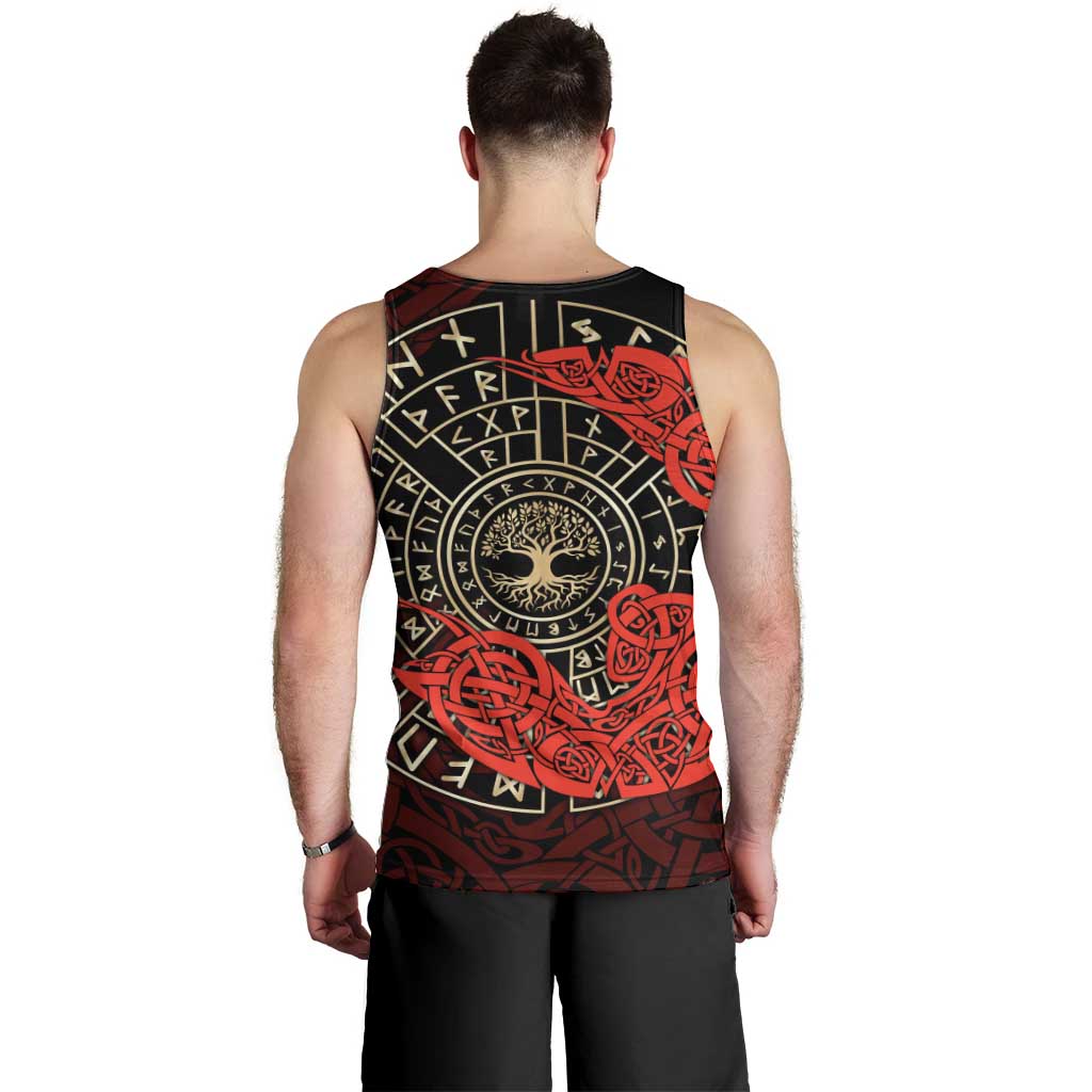 Yggdrasil Men Tank Top with Red Norse Dragon and Runes Viking Heritage Tribute - Wonder Print Shop