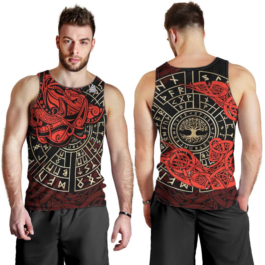 Yggdrasil Men Tank Top with Red Norse Dragon and Runes Viking Heritage Tribute - Wonder Print Shop