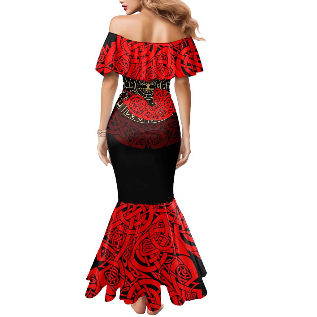 Yggdrasil Mermaid Dress with Red Norse Dragon and Runes Viking Heritage Tribute - Wonder Print Shop