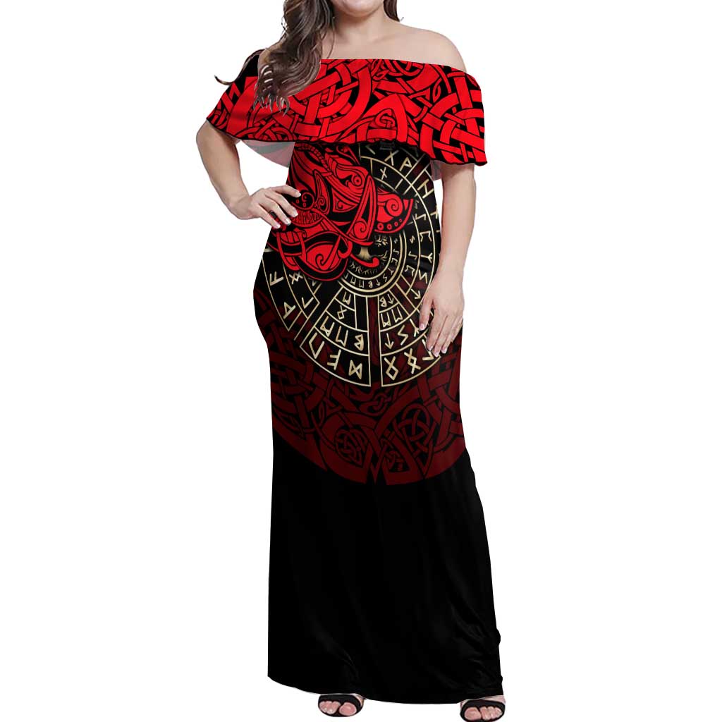 Yggdrasil Off Shoulder Maxi Dress with Red Norse Dragon and Runes Viking Heritage Tribute - Wonder Print Shop