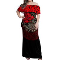 Yggdrasil Off Shoulder Maxi Dress with Red Norse Dragon and Runes Viking Heritage Tribute - Wonder Print Shop