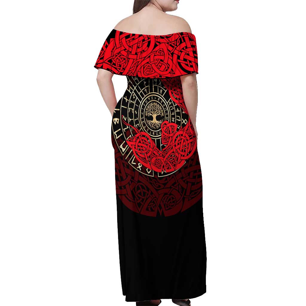 Yggdrasil Off Shoulder Maxi Dress with Red Norse Dragon and Runes Viking Heritage Tribute - Wonder Print Shop