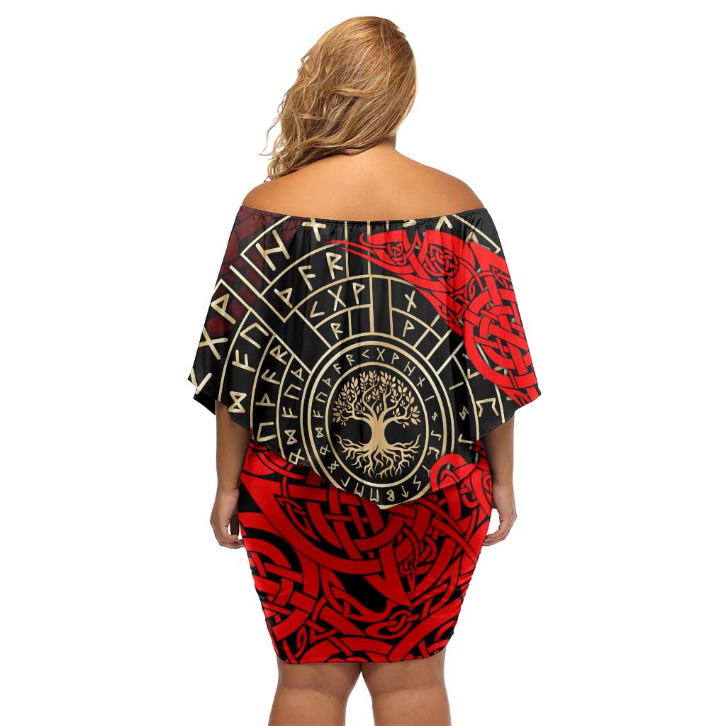 Yggdrasil Off Shoulder Short Dress with Red Norse Dragon and Runes Viking Heritage Tribute - Wonder Print Shop