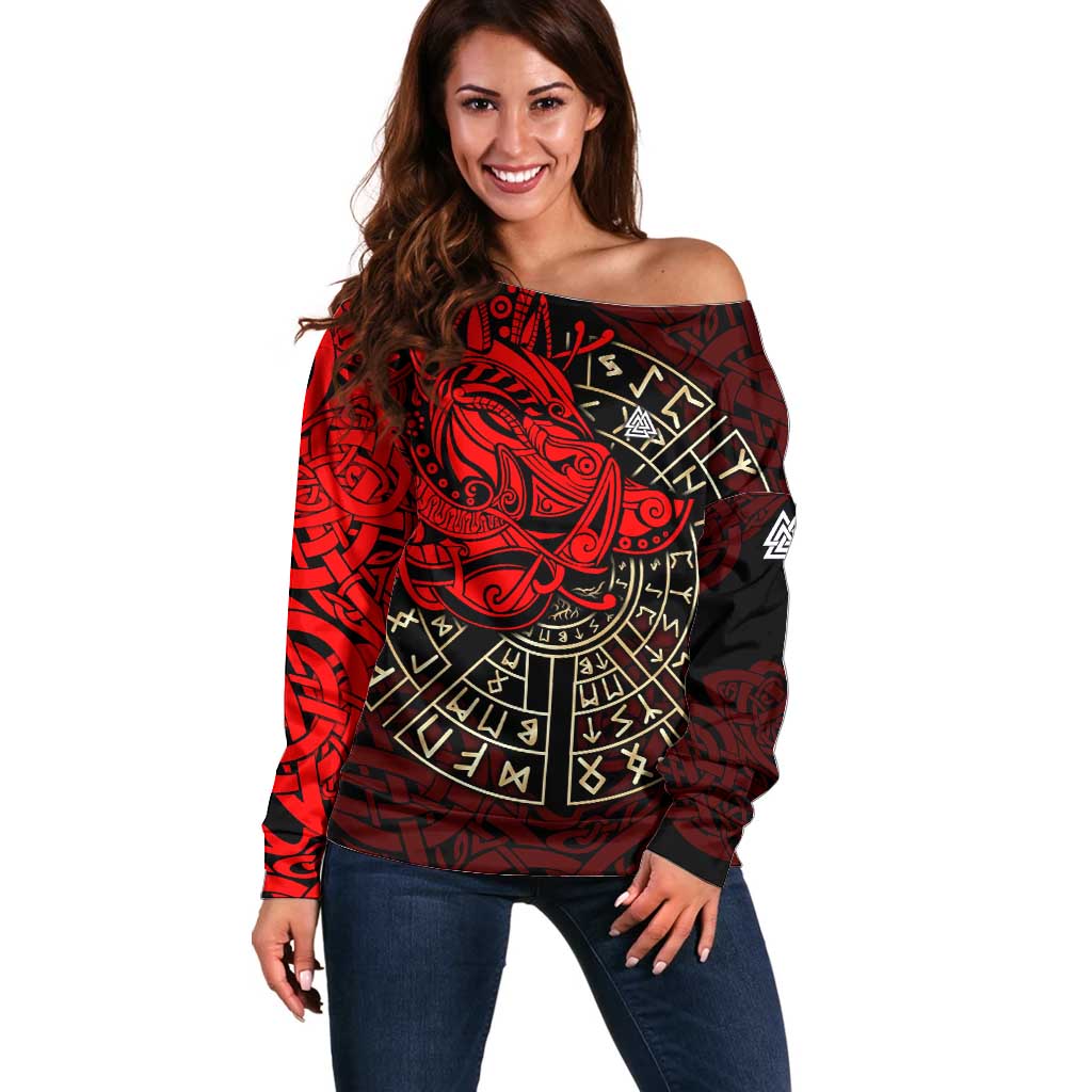 Yggdrasil Off Shoulder Sweater with Red Norse Dragon and Runes Viking Heritage Tribute - Wonder Print Shop