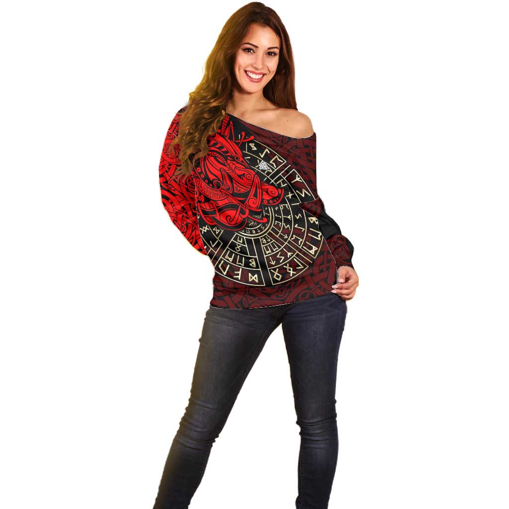 Yggdrasil Off Shoulder Sweater with Red Norse Dragon and Runes Viking Heritage Tribute - Wonder Print Shop
