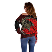 Yggdrasil Off Shoulder Sweater with Red Norse Dragon and Runes Viking Heritage Tribute - Wonder Print Shop