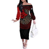 Yggdrasil Off The Shoulder Long Sleeve Dress with Red Norse Dragon and Runes Viking Heritage Tribute - Wonder Print Shop