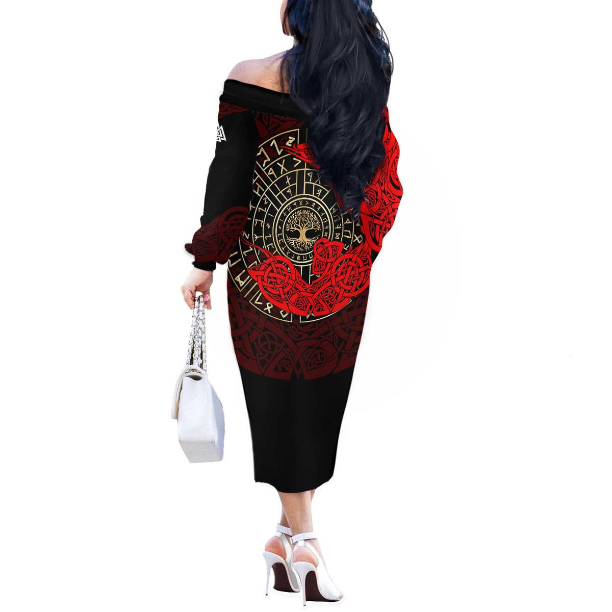Yggdrasil Off The Shoulder Long Sleeve Dress with Red Norse Dragon and Runes Viking Heritage Tribute - Wonder Print Shop