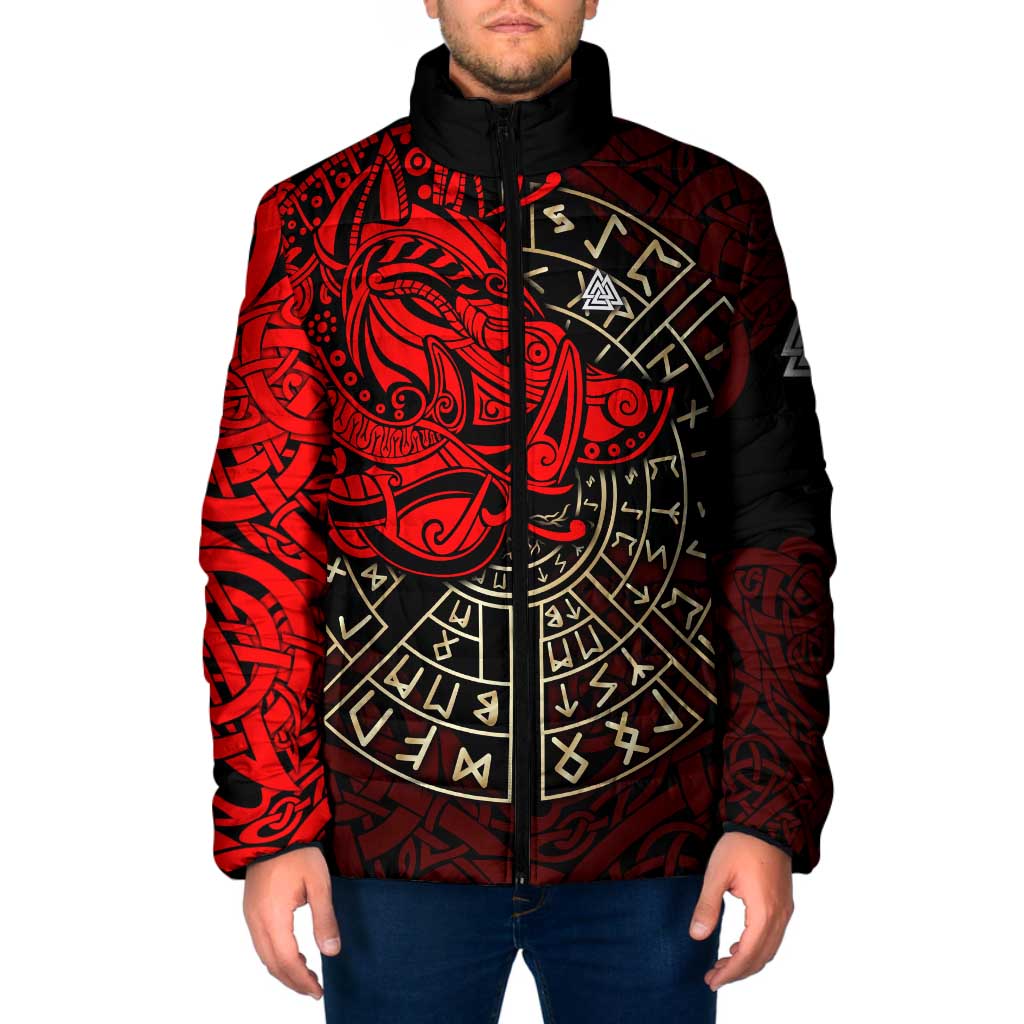 Yggdrasil Padded Jacket with Red Norse Dragon and Runes Viking Heritage Tribute - Wonder Print Shop
