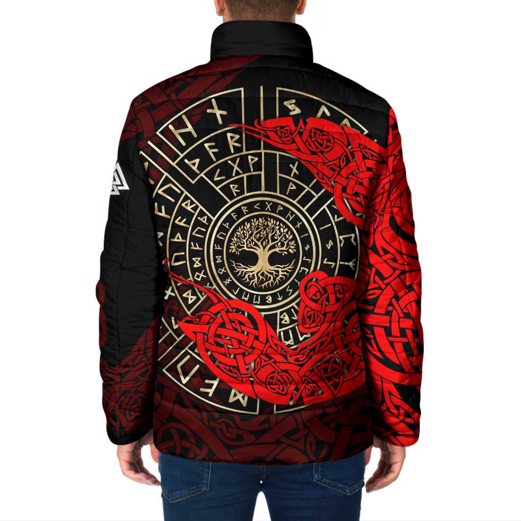 Yggdrasil Padded Jacket with Red Norse Dragon and Runes Viking Heritage Tribute - Wonder Print Shop