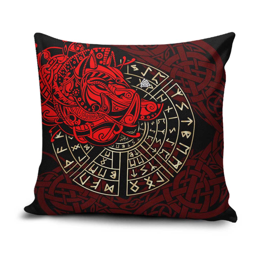 Yggdrasil Pillow Cover with Red Norse Dragon and Runes Viking Heritage Tribute - Wonder Print Shop