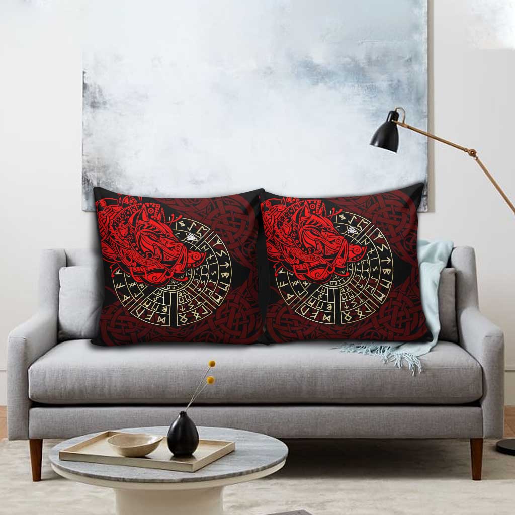 Yggdrasil Pillow Cover with Red Norse Dragon and Runes Viking Heritage Tribute - Wonder Print Shop