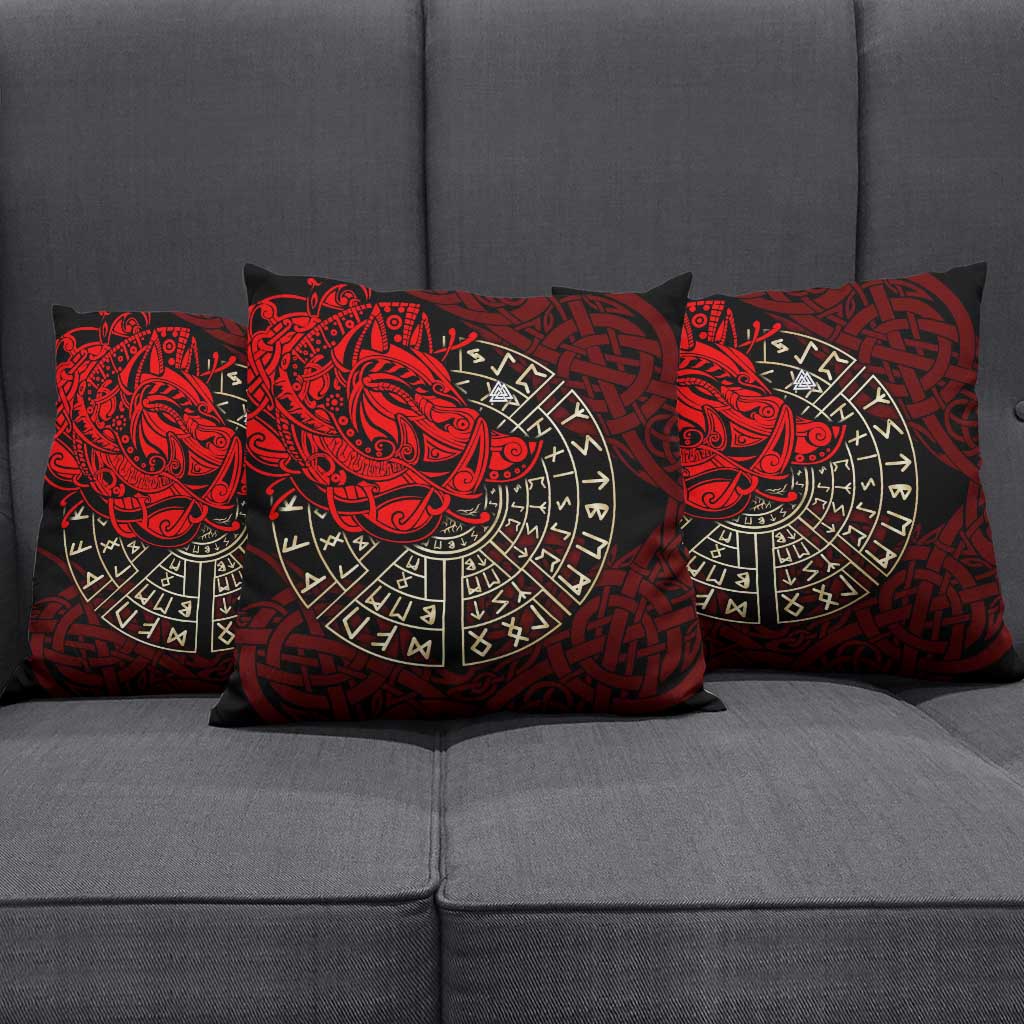 Yggdrasil Pillow Cover with Red Norse Dragon and Runes Viking Heritage Tribute - Wonder Print Shop
