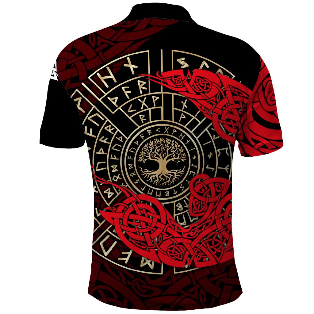 Yggdrasil Polo Shirt with Red Norse Dragon and Runes Viking Heritage Tribute - Wonder Print Shop