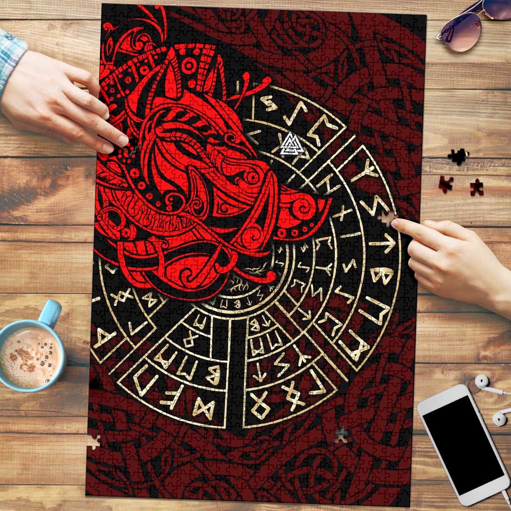 Yggdrasil Puzzle with Red Norse Dragon and Runes Viking Heritage Tribute - Wonder Print Shop