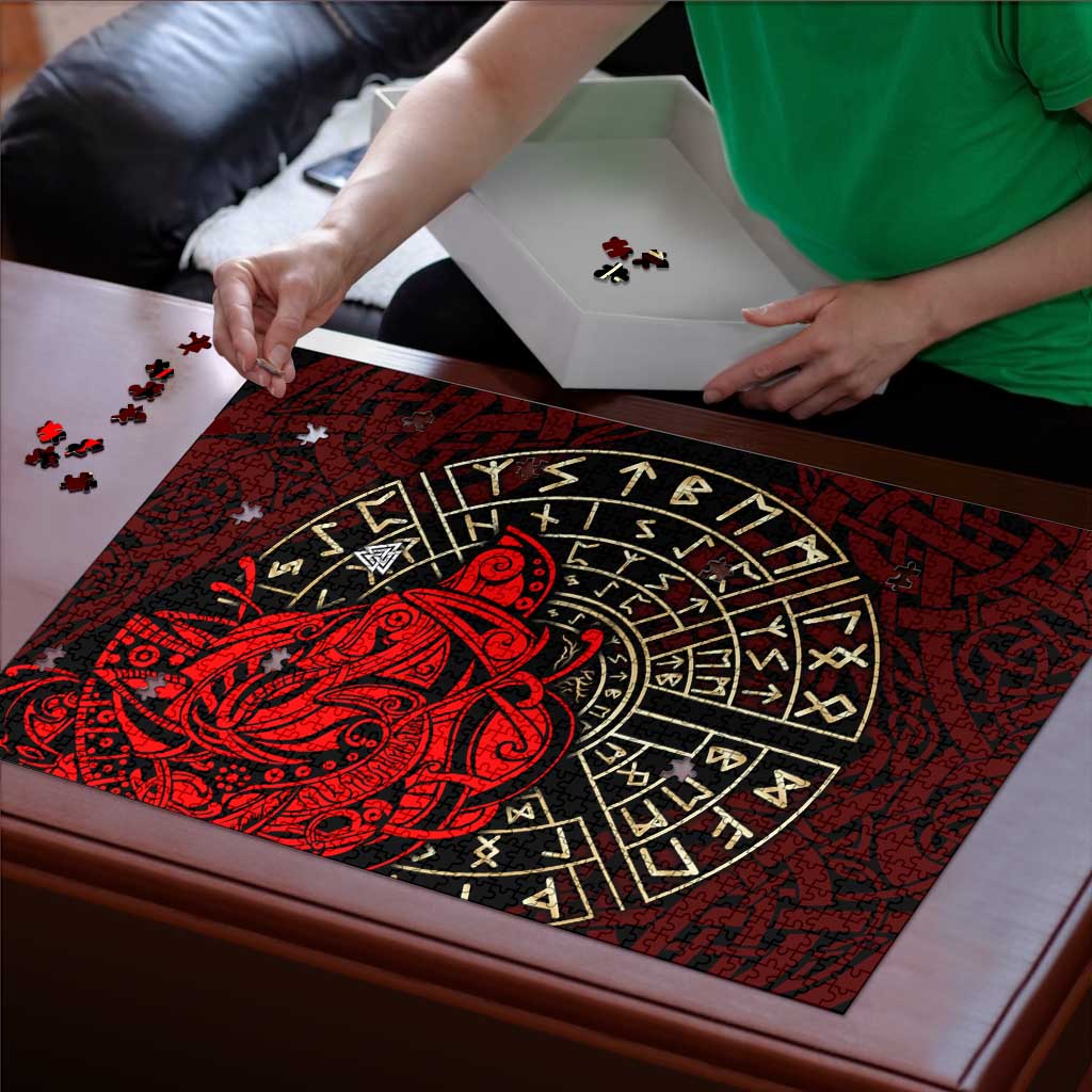 Yggdrasil Puzzle with Red Norse Dragon and Runes Viking Heritage Tribute - Wonder Print Shop