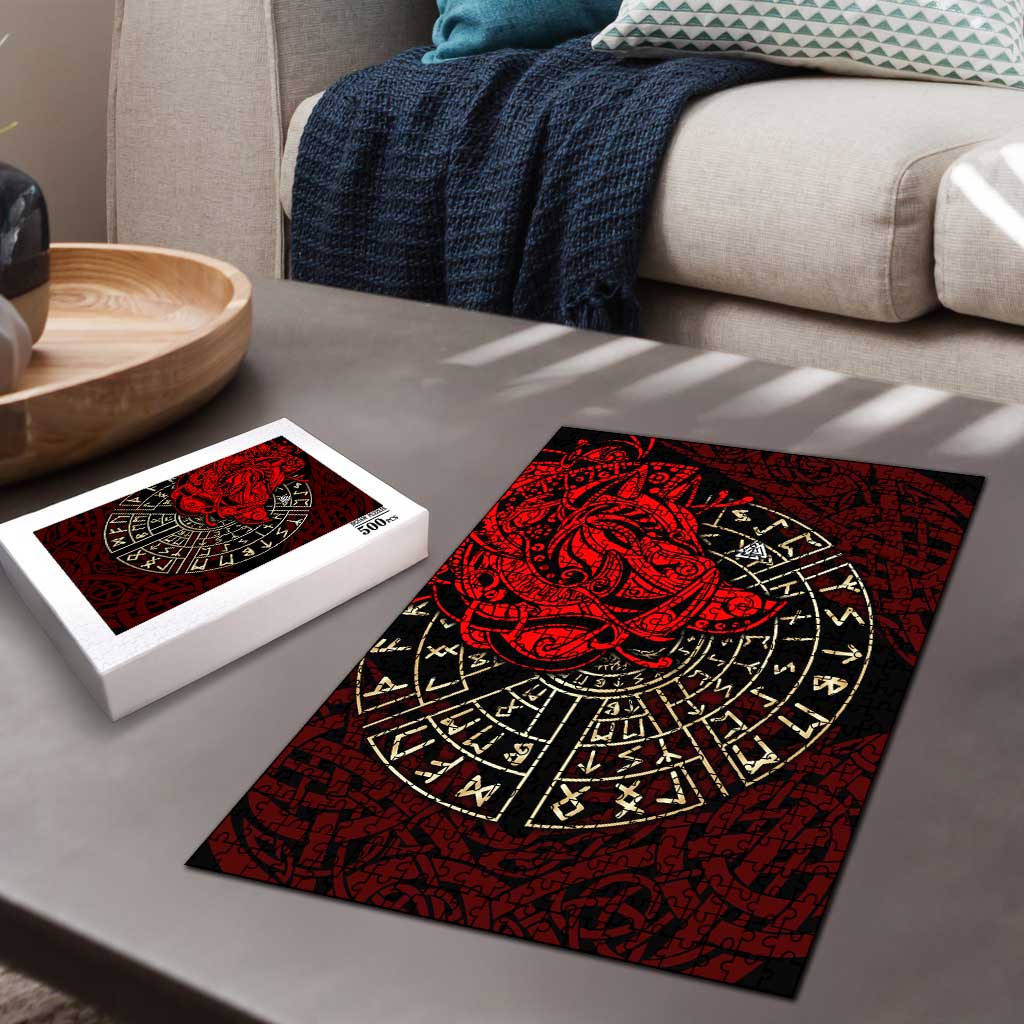 Yggdrasil Puzzle with Red Norse Dragon and Runes Viking Heritage Tribute - Wonder Print Shop
