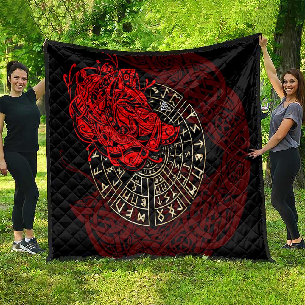 Yggdrasil Quilt with Red Norse Dragon and Runes Viking Heritage Tribute - Wonder Print Shop