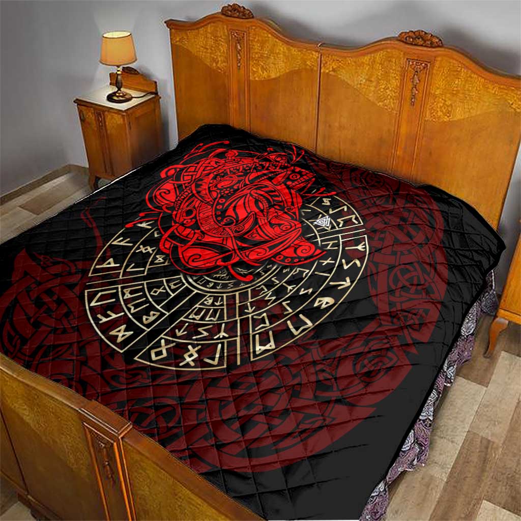 Yggdrasil Quilt with Red Norse Dragon and Runes Viking Heritage Tribute - Wonder Print Shop
