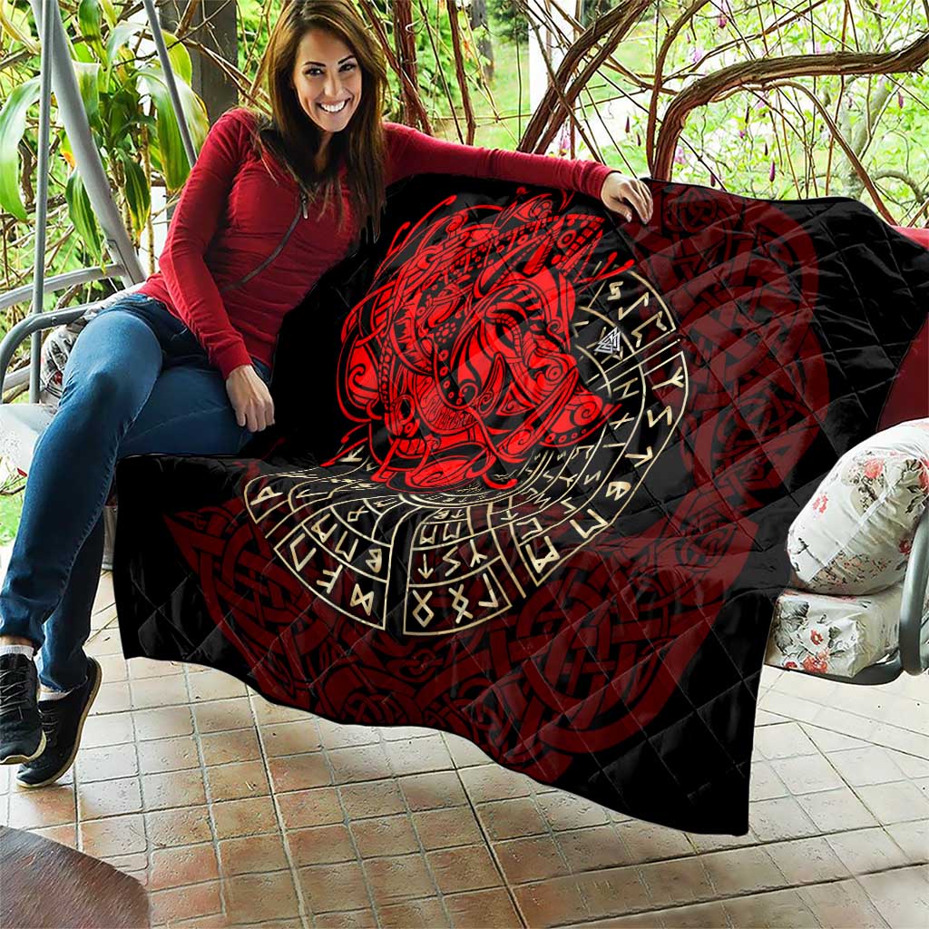 Yggdrasil Quilt with Red Norse Dragon and Runes Viking Heritage Tribute - Wonder Print Shop