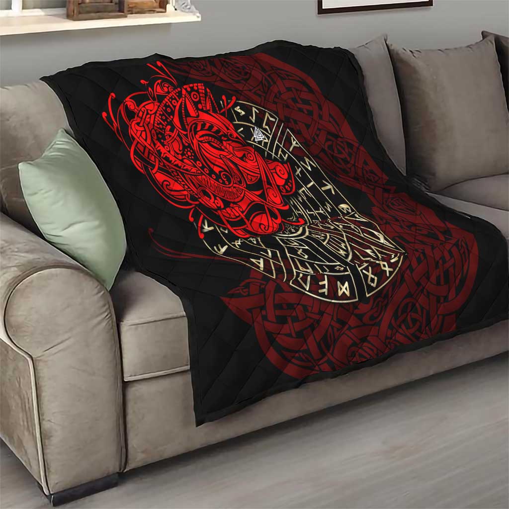 Yggdrasil Quilt with Red Norse Dragon and Runes Viking Heritage Tribute - Wonder Print Shop