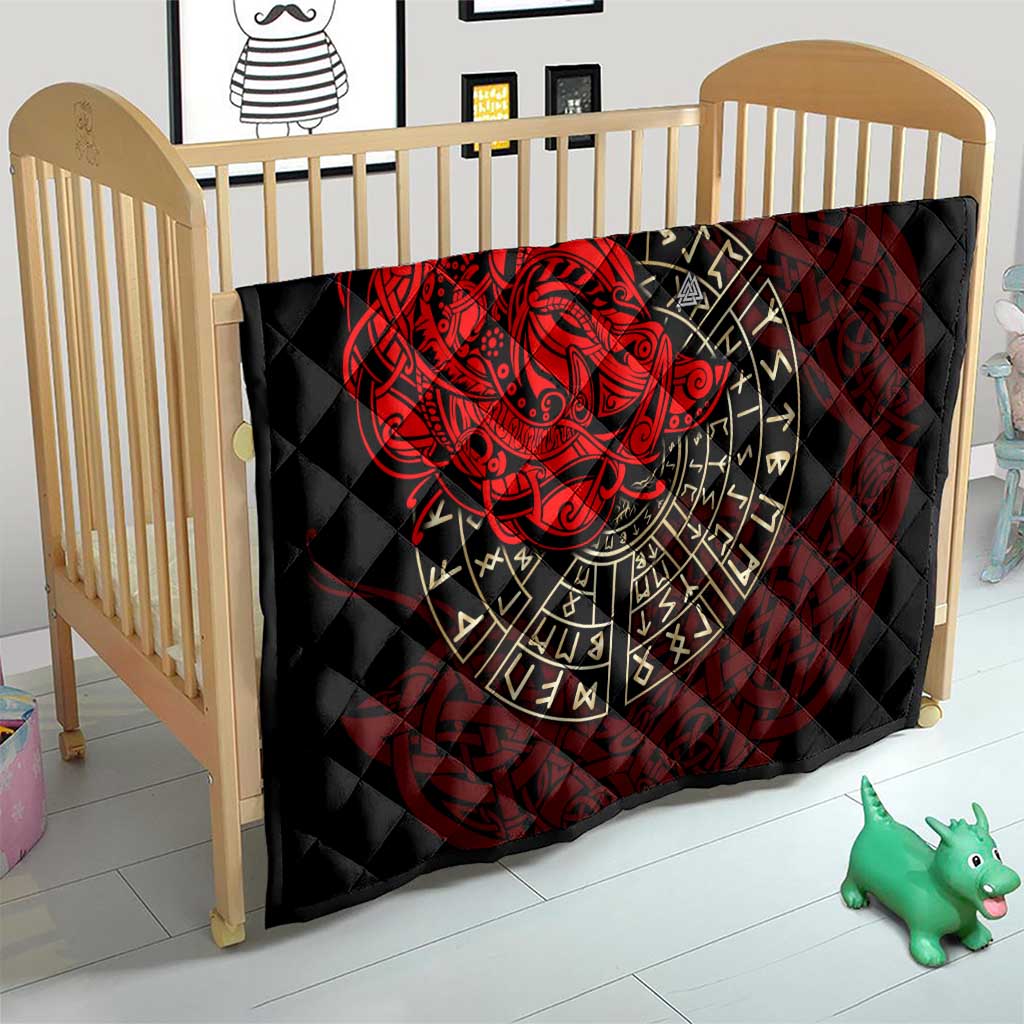 Yggdrasil Quilt with Red Norse Dragon and Runes Viking Heritage Tribute - Wonder Print Shop