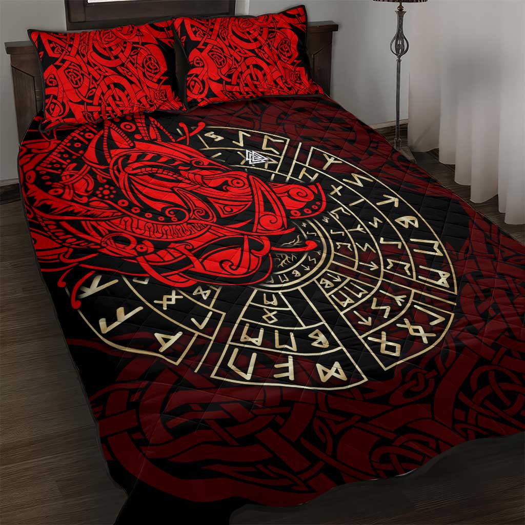 Yggdrasil Quilt Bed Set with Red Norse Dragon and Runes Viking Heritage Tribute - Wonder Print Shop