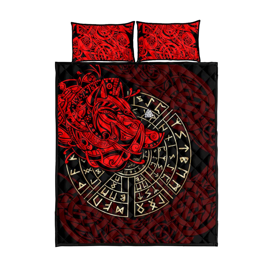 Yggdrasil Quilt Bed Set with Red Norse Dragon and Runes Viking Heritage Tribute - Wonder Print Shop