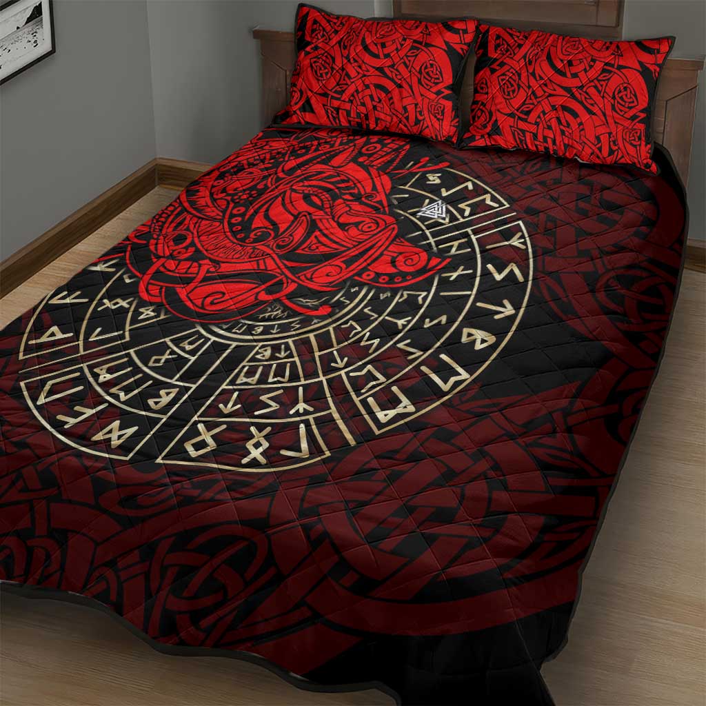 Yggdrasil Quilt Bed Set with Red Norse Dragon and Runes Viking Heritage Tribute - Wonder Print Shop