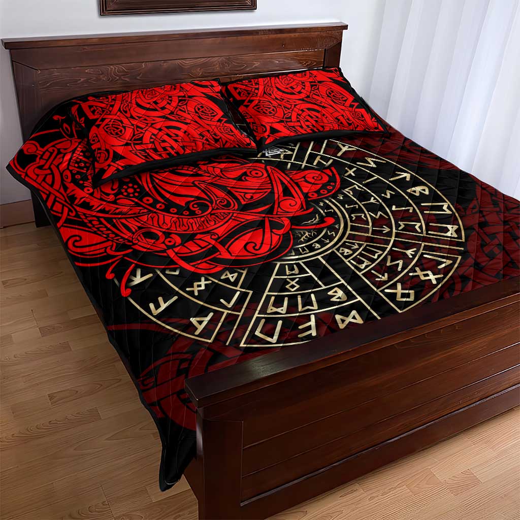 Yggdrasil Quilt Bed Set with Red Norse Dragon and Runes Viking Heritage Tribute - Wonder Print Shop