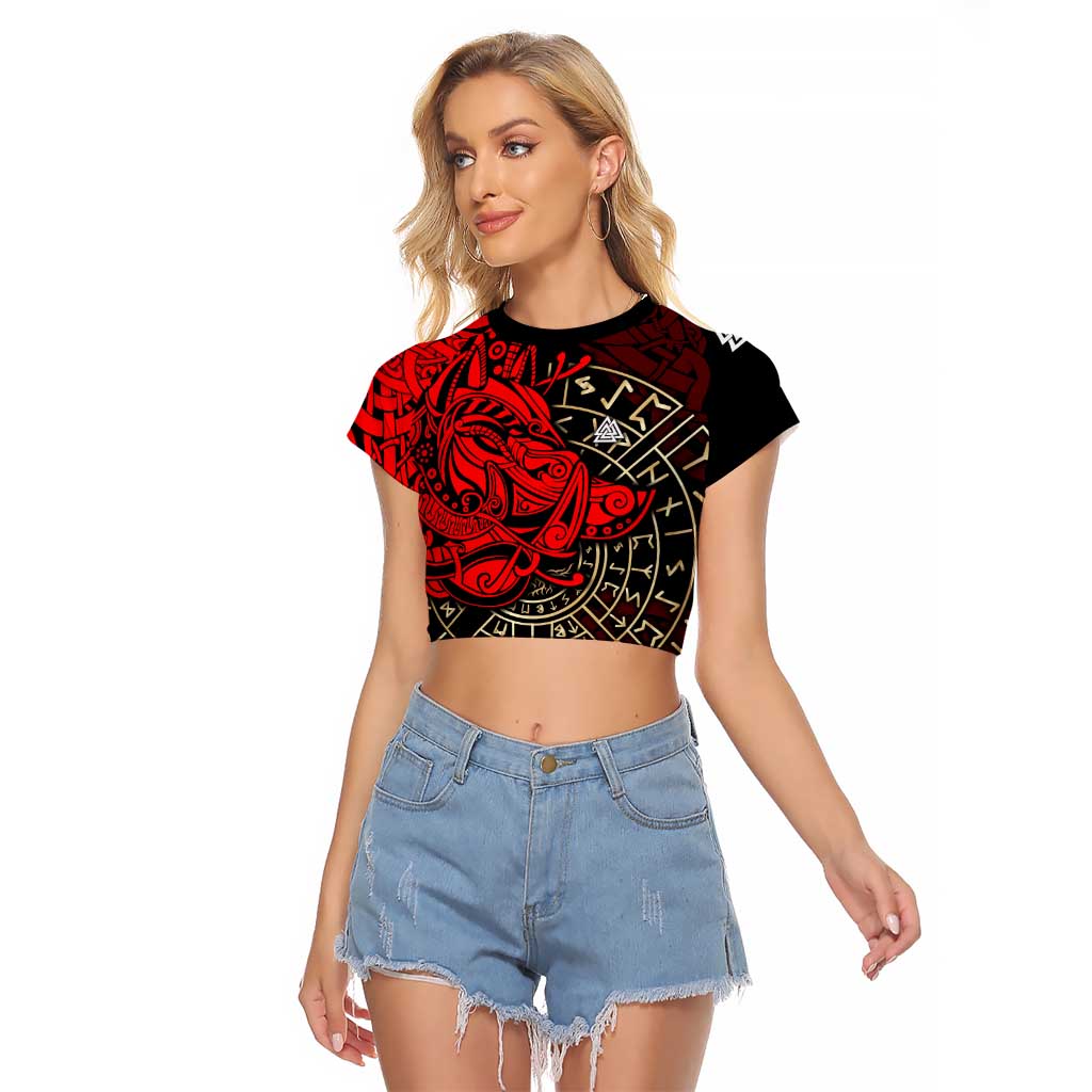 Yggdrasil Raglan Cropped T Shirt with Red Norse Dragon and Runes Viking Heritage Tribute - Wonder Print Shop