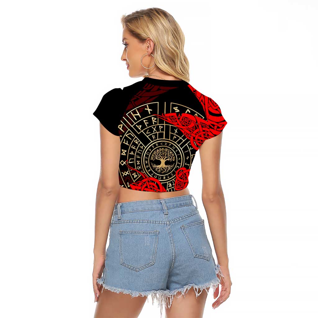 Yggdrasil Raglan Cropped T Shirt with Red Norse Dragon and Runes Viking Heritage Tribute - Wonder Print Shop