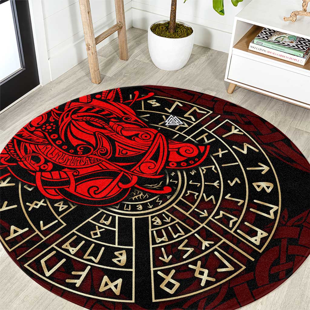 Yggdrasil Round Carpet with Red Norse Dragon and Runes Viking Heritage Tribute - Wonder Print Shop