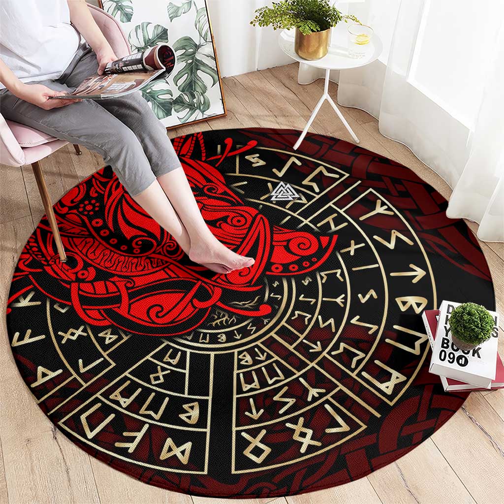 Yggdrasil Round Carpet with Red Norse Dragon and Runes Viking Heritage Tribute - Wonder Print Shop