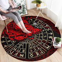 Yggdrasil Round Carpet with Red Norse Dragon and Runes Viking Heritage Tribute - Wonder Print Shop