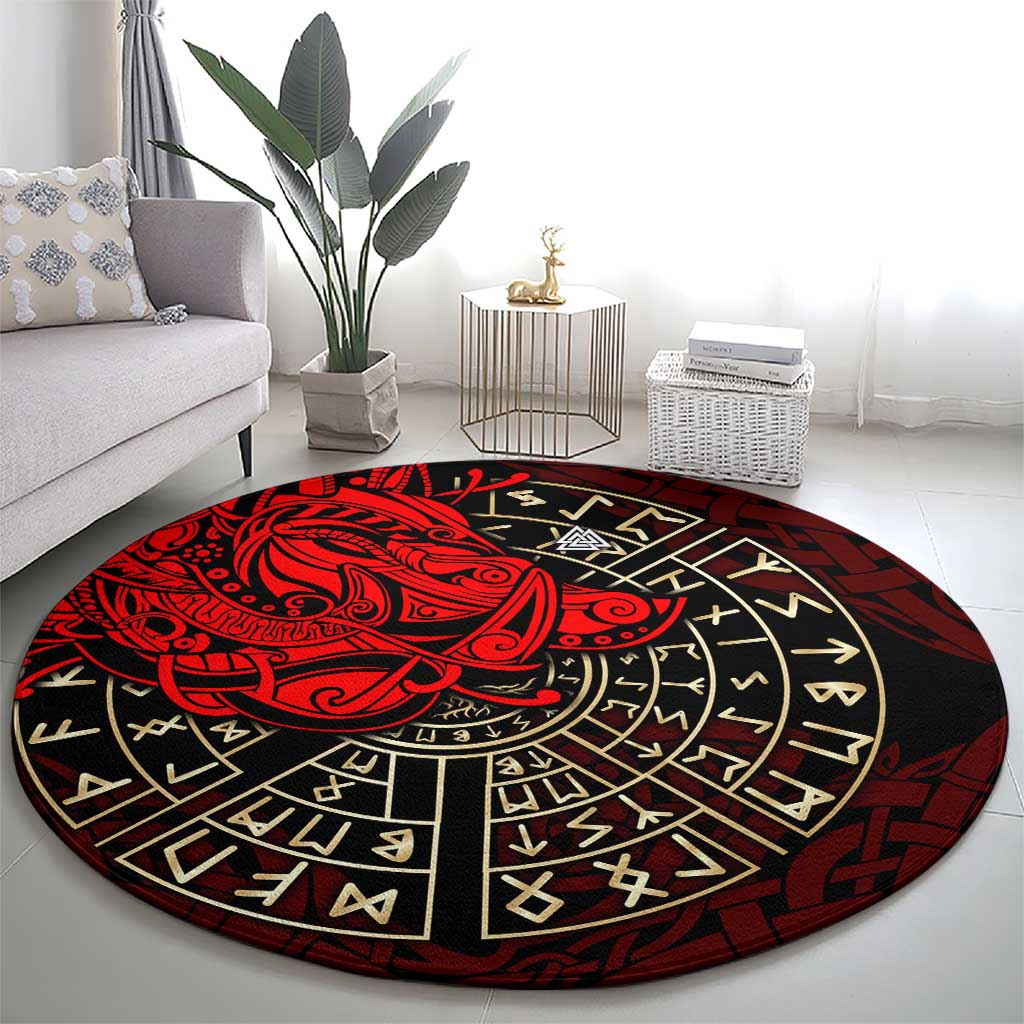 Yggdrasil Round Carpet with Red Norse Dragon and Runes Viking Heritage Tribute - Wonder Print Shop